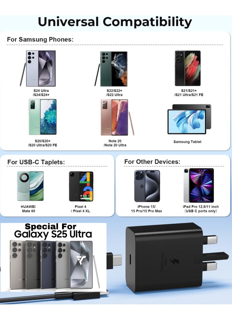 45W Super Fast Charger 2.0 For Galaxy with 1.8M USB-C Cable, For Android Specially For Galaxy S25/S24/S23/S22/S21 Series A53 A72 A51 A52, For All Type C Device (45W With 1.8M Cabel)