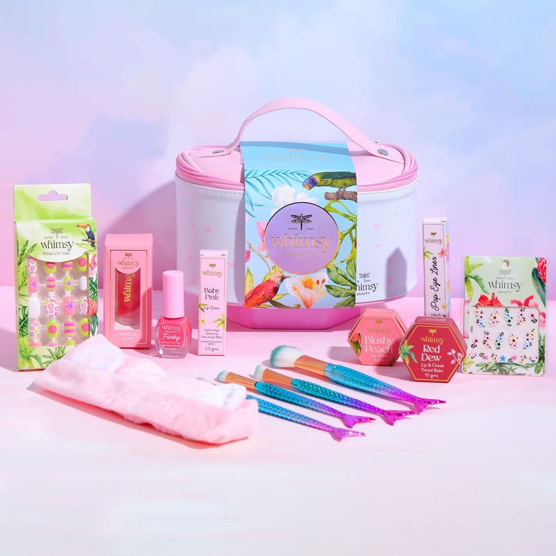 Whimsy 13Piece Safe Organic Unicorn Travel Beauty Kit for Girls Preteens Teens NonToxic CrueltyFree Vegan WaterWashable Makeup Set with Lip Balm Lip Cheek Tint Lip Gloss Eye Glitter Nail Polish Brushes - Image 1