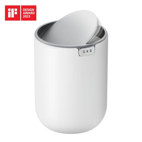 EKO Mini Desk Trash Can with Swing-Top Lid 0.4 Gallon Small Table Round Wastebasket for Office, Home, Car (White) - Image 2