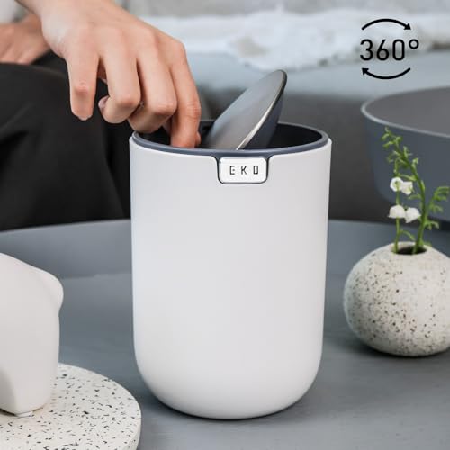EKO Mini Desk Trash Can with Swing-Top Lid 0.4 Gallon Small Table Round Wastebasket for Office, Home, Car (White) - Image 3