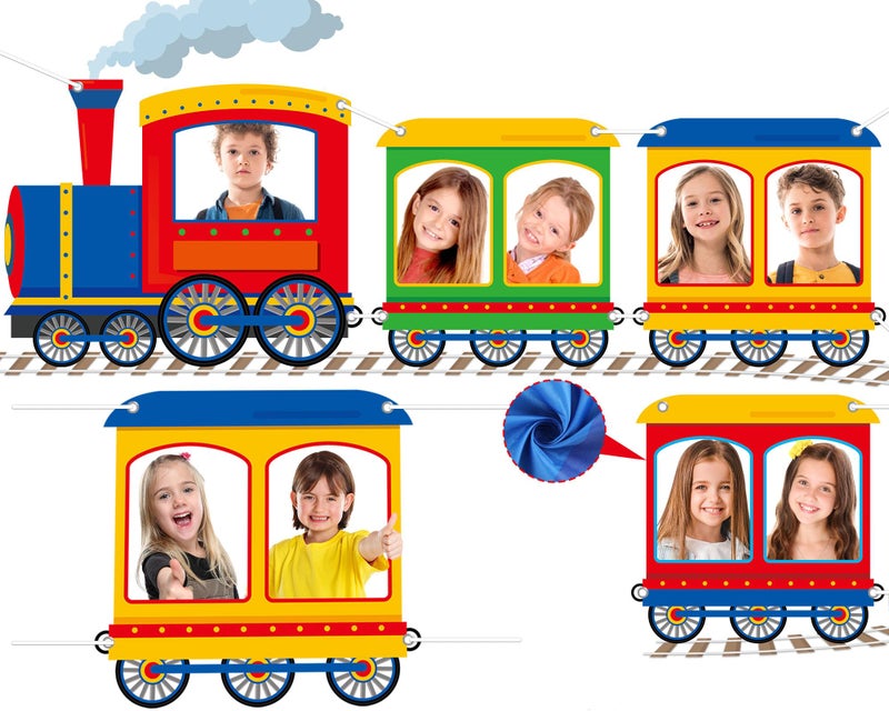 Train Shaped Photo Prop Selfie Frame Party Banner Large Fabric Steam Car Photo Booth Prop Decoration Colorful Train Background Supplies Chugga Chugga Two Two Banner Backdrop Party Sign 112 x387 Inch