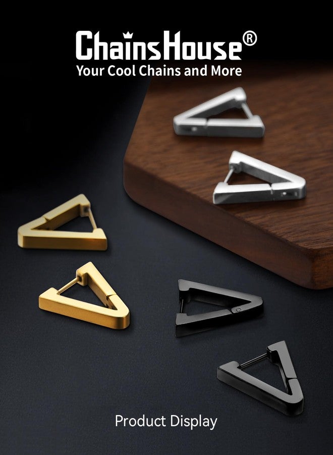 ChainsHouse Black Earrings for Men Women Stainless Steel Triangle Punk Huggie Hoop Earrings - Image 3