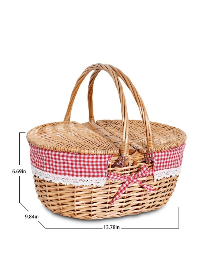 LEFAFA Picnic Basket - Wicker Picnic Basket With Handle, Hand Woven Camping Baskets With Lid, Suitable For Outdoor Camping Parties, Barbecues, Storage Baskets For Fruits And Snacks. (Red Grid Cloth) - Image 3