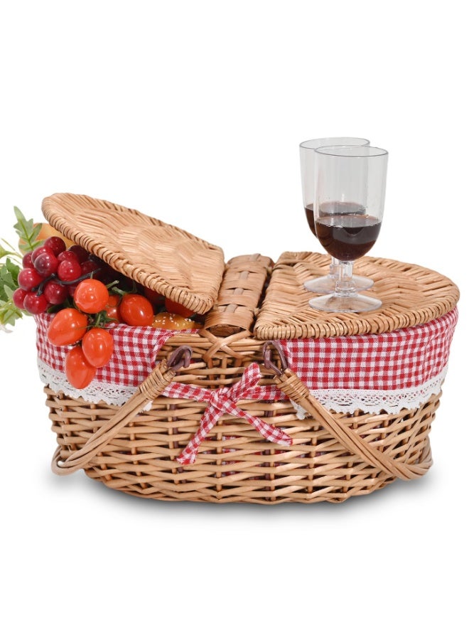 LEFAFA Picnic Basket - Wicker Picnic Basket With Handle, Hand Woven Camping Baskets With Lid, Suitable For Outdoor Camping Parties, Barbecues, Storage Baskets For Fruits And Snacks. (Red Grid Cloth) - Image 5