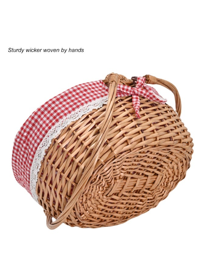 LEFAFA Picnic Basket - Wicker Picnic Basket With Handle, Hand Woven Camping Baskets With Lid, Suitable For Outdoor Camping Parties, Barbecues, Storage Baskets For Fruits And Snacks. (Red Grid Cloth) - Image 4
