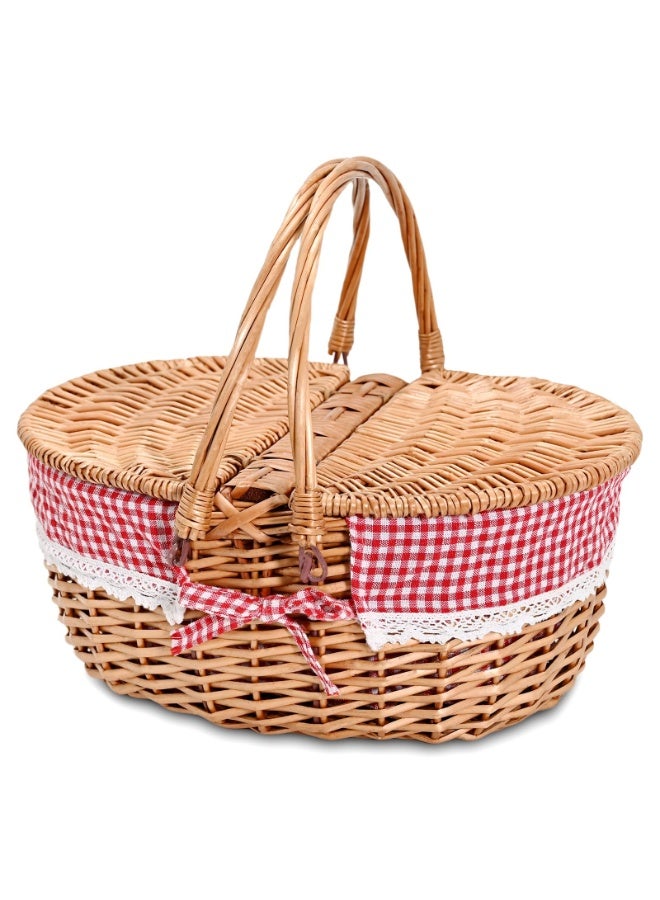 LEFAFA Picnic Basket - Wicker Picnic Basket With Handle, Hand Woven Camping Baskets With Lid, Suitable For Outdoor Camping Parties, Barbecues, Storage Baskets For Fruits And Snacks. (Red Grid Cloth) - Image 2