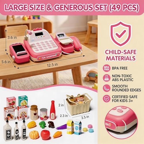 STACTCUTE 49Pcs Cash Register Toy Set for Kids Pretend Play Grocery Store Cashier Playset with Conveyor Belt Scanner Weighing Scale Calculator Microphone Toys Gift for Toddlers Ages 38 Pink - Image 5