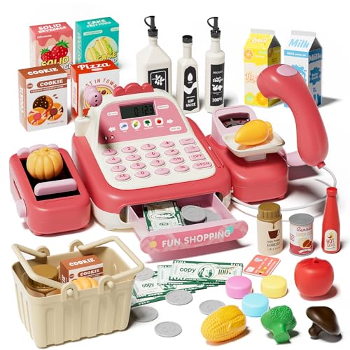 STACTCUTE 49Pcs Cash Register Toy Set for Kids Pretend Play Grocery Store Cashier Playset with Conveyor Belt Scanner Weighing Scale Calculator Microphone Toys Gift for Toddlers Ages 38 Pink - Image 1
