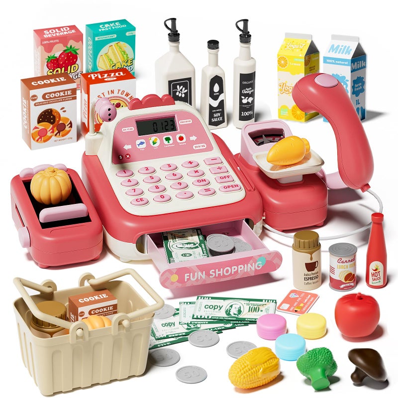 STACTCUTE 49Pcs Cash Register Toy Set for Kids Pretend Play Grocery Store Cashier Playset with Conveyor Belt Scanner Weighing Scale Calculator Microphone Toys Gift for Toddlers Ages 38 Pink - Image 3