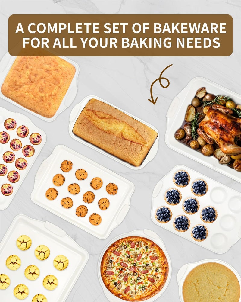 Ymiton Baking Pans Set with Silicone Handles, 34 PCS Nonstick Bakeware Sets, Oven Pan Set Includes Baking Tray, Cookie Sheet, Cake Pans, Loaf Pan, Muffin Pan, Pizza Pan - Image 2