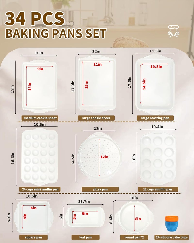 Ymiton Baking Pans Set with Silicone Handles, 34 PCS Nonstick Bakeware Sets, Oven Pan Set Includes Baking Tray, Cookie Sheet, Cake Pans, Loaf Pan, Muffin Pan, Pizza Pan - Image 4