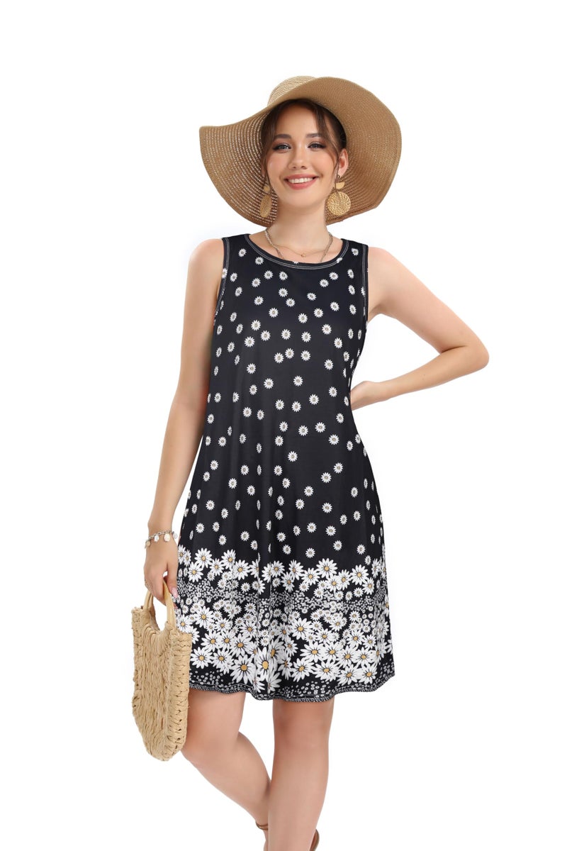 elescat Summer Dresses for Women Beach Floral Tshirt Sundress Sleeveless Pockets Casual Loose Tank Tunic(Black Daisy,L) - Image 2