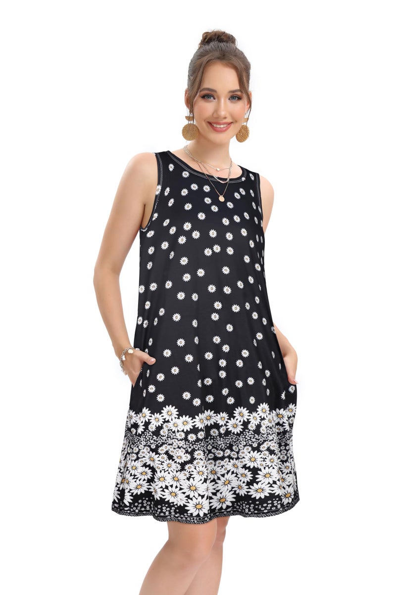 elescat Summer Dresses for Women Beach Floral Tshirt Sundress Sleeveless Pockets Casual Loose Tank Tunic(Black Daisy,L) - Image 3