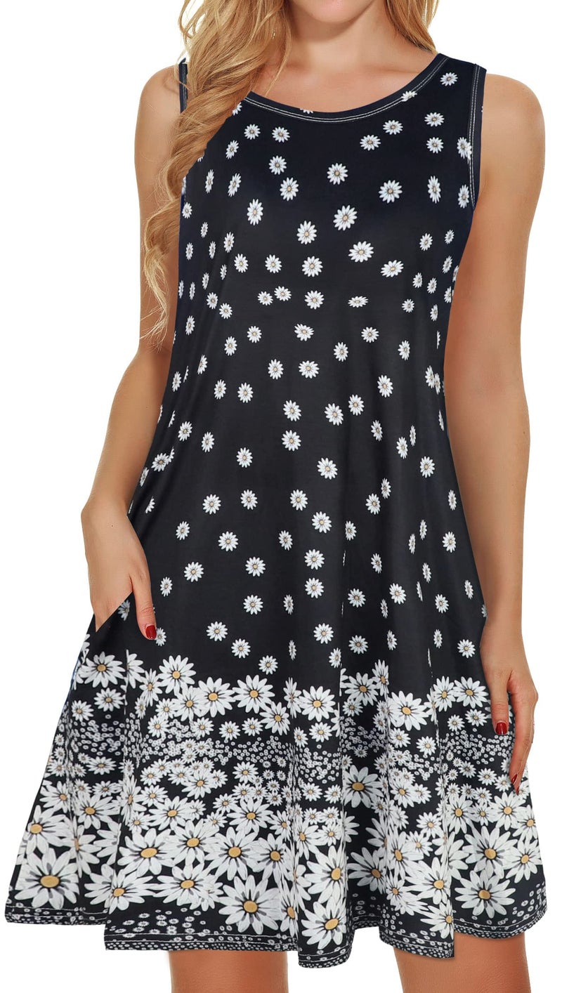 elescat Summer Dresses for Women Beach Floral Tshirt Sundress Sleeveless Pockets Casual Loose Tank Tunic(Black Daisy,L) - Image 1