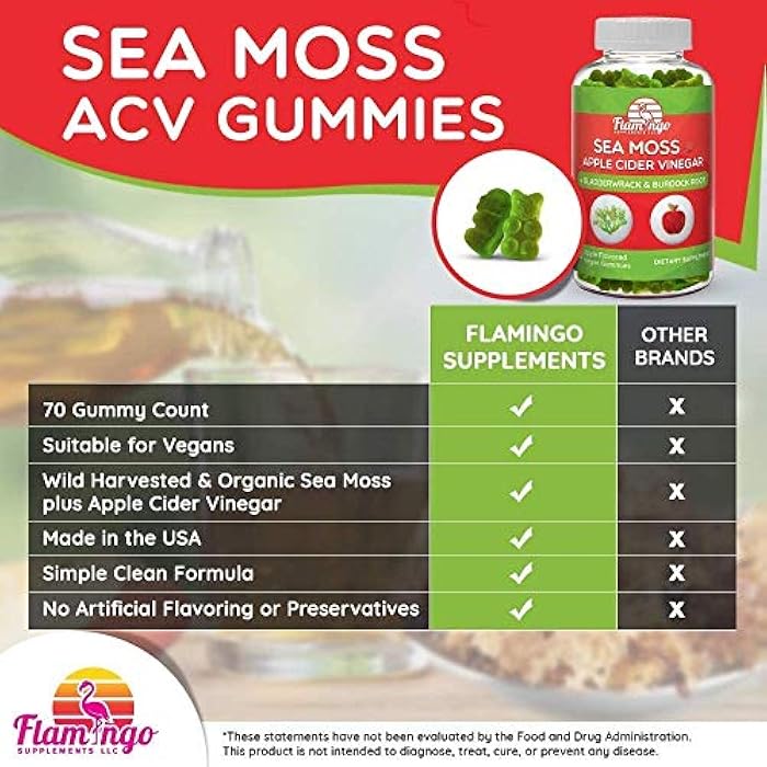 Flamingo Supplements Sea Moss Gummies with Apple Cider Vinegar, Bladderwrack, and Burdock Root Organic- Sea Moss Gummies for Adults and Kids- Vegan, Organic, Irish Seamoss and ACV – 70 Ct - Image 2