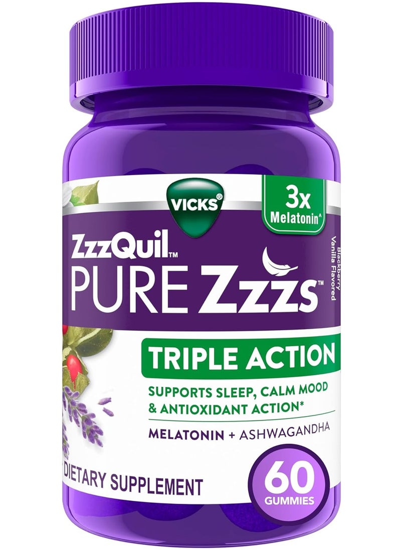 Vicks Pure Zzzs Triple Action، 6 ملغ من علكات الميلاتونين، 3X مساعد نوم من الميلاتونين مع أشواغاندا، مزاج هادئ وعمل مضاد للأكسدة، مساعدات النوم للبالغين، 6 ملغ لكل وجبة، 60 قطعة  - Image 1