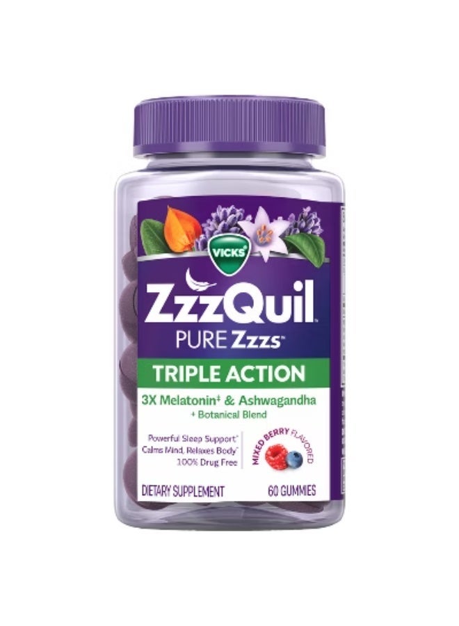 Vicks Pure Zzzs Triple Action، 6 ملغ من علكات الميلاتونين، 3X مساعد نوم من الميلاتونين مع أشواغاندا، مزاج هادئ وعمل مضاد للأكسدة، مساعدات النوم للبالغين، 6 ملغ لكل وجبة، 60 قطعة - Image 1