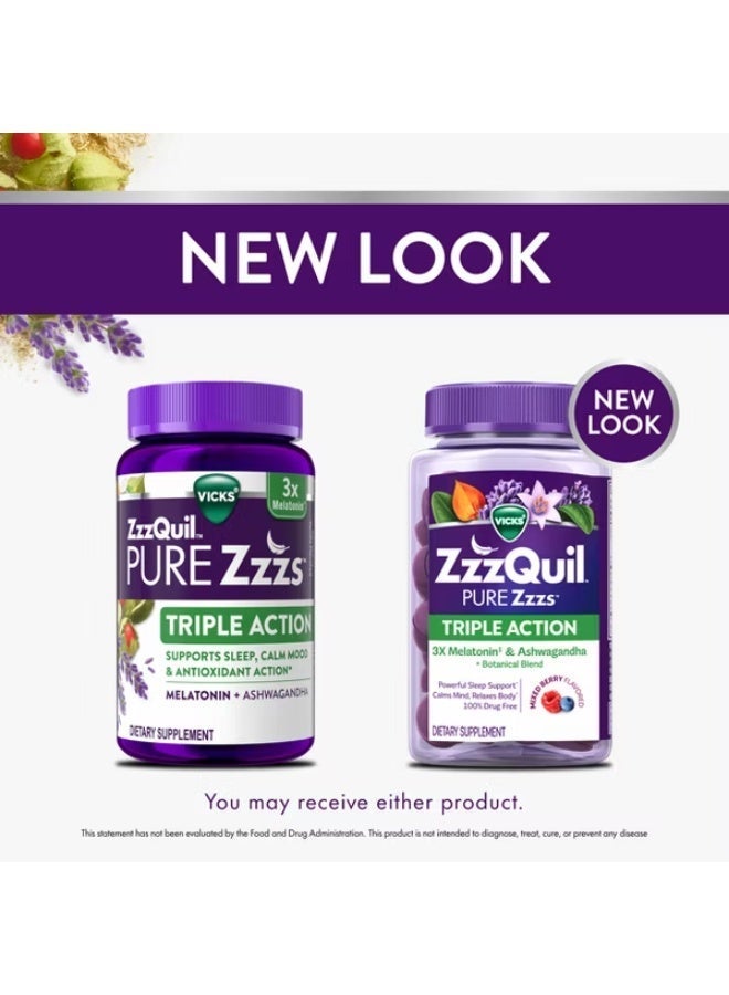 Vicks Pure Zzzs Triple Action، 6 ملغ من علكات الميلاتونين، 3X مساعد نوم من الميلاتونين مع أشواغاندا، مزاج هادئ وعمل مضاد للأكسدة، مساعدات النوم للبالغين، 6 ملغ لكل وجبة، 60 قطعة - Image 3