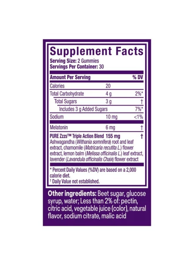 Vicks Pure Zzzs Triple Action، 6 ملغ من علكات الميلاتونين، 3X مساعد نوم من الميلاتونين مع أشواغاندا، مزاج هادئ وعمل مضاد للأكسدة، مساعدات النوم للبالغين، 6 ملغ لكل وجبة، 60 قطعة - Image 4