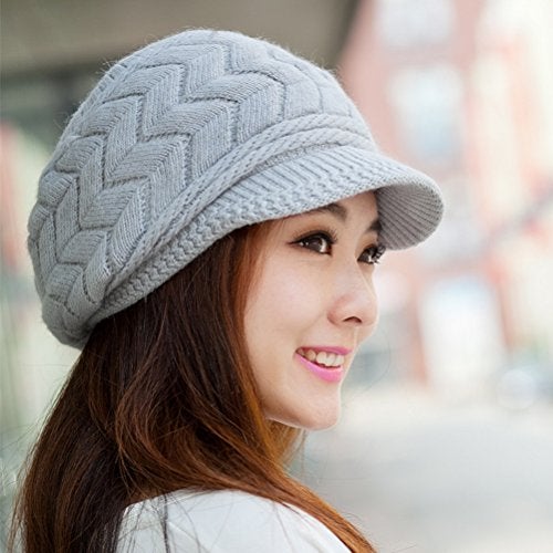 HINDAWI Womens Winter Hat and Gloves Set for Girls Wool Knit Skull Cap with Visor,Grey - Image 3