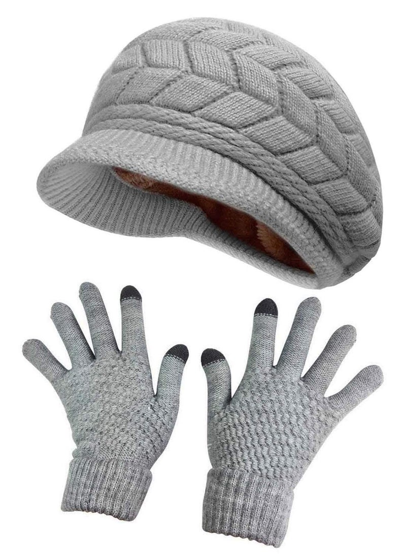 HINDAWI Womens Winter Hat and Gloves Set for Girls Wool Knit Skull Cap with Visor,Grey - Image 1