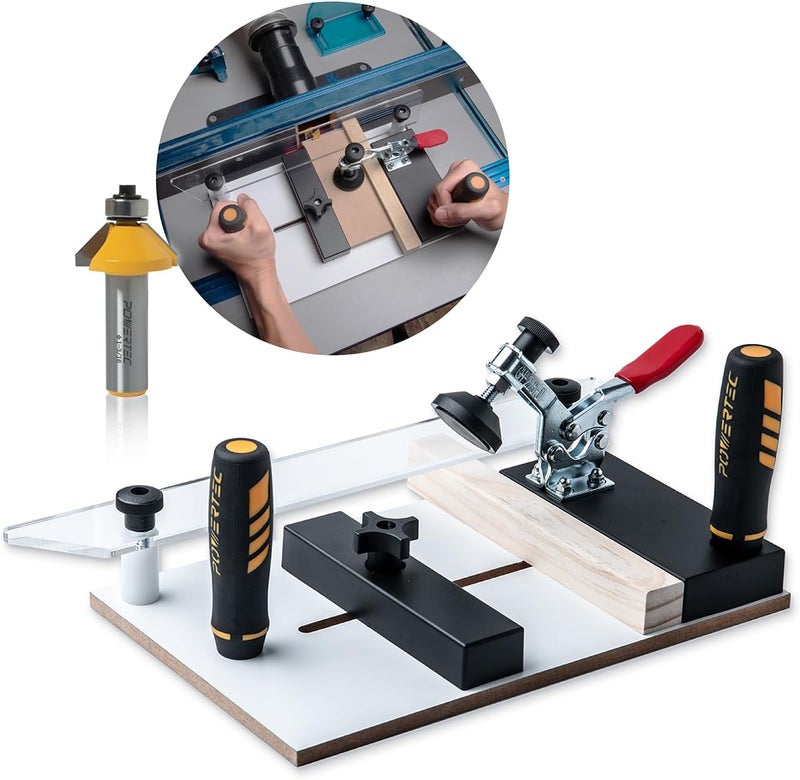 POWERTEC 72256 Rail Coping Sled with 45 Degree Chamfer Router Bit, Precise Cutting Rail and 1/2" Shank Tungsten Carbide Router Bit (1-3/16" Cutting Dia., 1/2" Depth) for Woodworking Tools and Jigs - Image 1