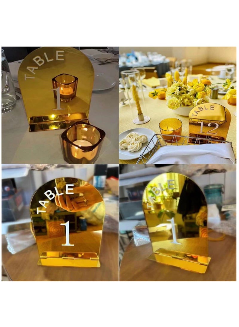 SYOSI - 15 Pcs Gold Mirror Arch Wedding Table Numbers 1-15 with Stands, 5x7 Inch Table Number Signs for Reception, Event, Party, Restaurant - Elegant, Durable Display Stand for Guest Seating Arrangement - Image 1