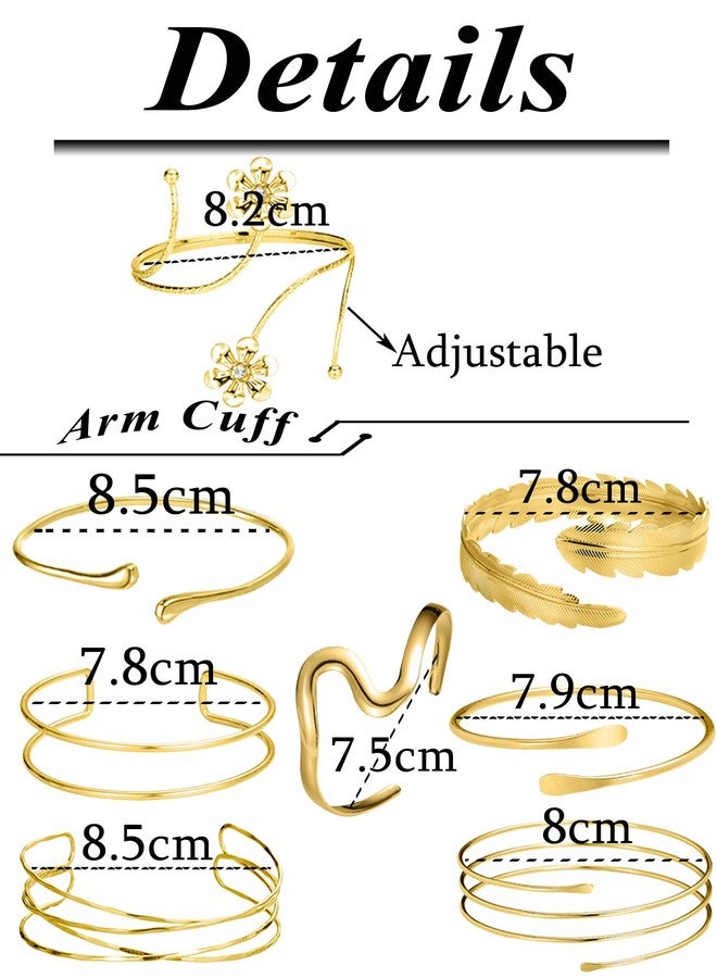 Tornito تورنيدو 8 قطع أساور ذراع مفتوحة للذراع العلوي باندل سوار زهرة ريشة دوامة زخرفة مجوهرات للنساء والرجال بلون ذهبي قابل للتعديل في الحجم - Image 2