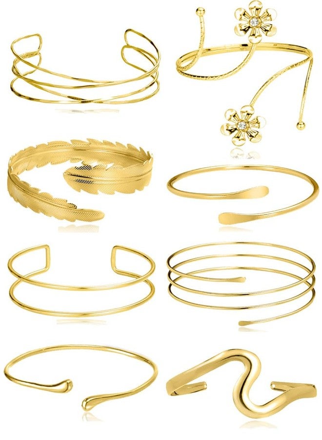 Tornito تورنيدو 8 قطع أساور ذراع مفتوحة للذراع العلوي باندل سوار زهرة ريشة دوامة زخرفة مجوهرات للنساء والرجال بلون ذهبي قابل للتعديل في الحجم - Image 1