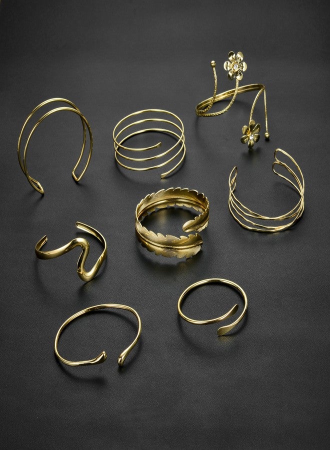 Tornito تورنيدو 8 قطع أساور ذراع مفتوحة للذراع العلوي باندل سوار زهرة ريشة دوامة زخرفة مجوهرات للنساء والرجال بلون ذهبي قابل للتعديل في الحجم - Image 5