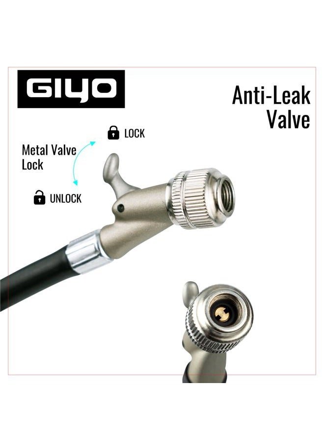 Giyo مضخة صدمات عالية الضغط (350 PSI) - قفل ذراع صلب لمنع فقدان الهواء، برميل ألمنيوم، مقياس قرص 1.5 بوصة، صمام تفريغ قابل للتعديل، خرطوم دوار 360° - Image 5