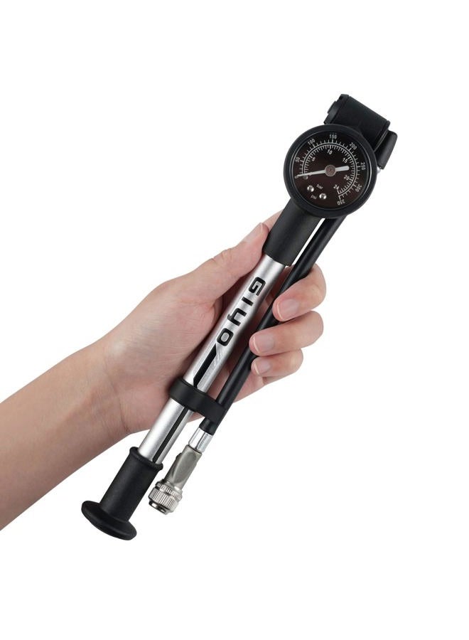 Giyo مضخة صدمات عالية الضغط (350 PSI) - قفل ذراع صلب لمنع فقدان الهواء، برميل ألمنيوم، مقياس قرص 1.5 بوصة، صمام تفريغ قابل للتعديل، خرطوم دوار 360° - Image 1