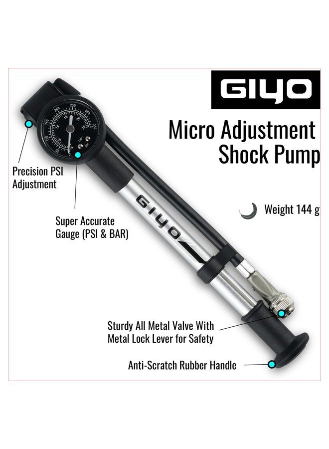Giyo مضخة صدمات عالية الضغط (350 PSI) - قفل ذراع صلب لمنع فقدان الهواء، برميل ألمنيوم، مقياس قرص 1.5 بوصة، صمام تفريغ قابل للتعديل، خرطوم دوار 360° - Image 2