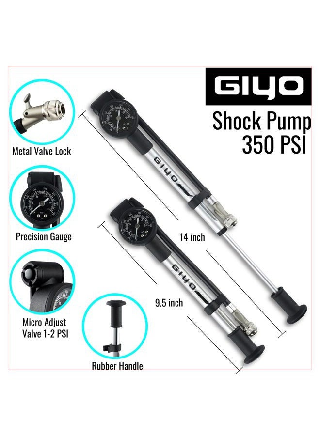Giyo مضخة صدمات عالية الضغط (350 PSI) - قفل ذراع صلب لمنع فقدان الهواء، برميل ألمنيوم، مقياس قرص 1.5 بوصة، صمام تفريغ قابل للتعديل، خرطوم دوار 360° - Image 3