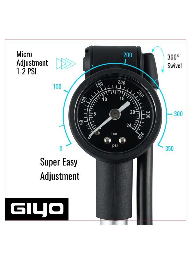 Giyo مضخة صدمات عالية الضغط (350 PSI) - قفل ذراع صلب لمنع فقدان الهواء، برميل ألمنيوم، مقياس قرص 1.5 بوصة، صمام تفريغ قابل للتعديل، خرطوم دوار 360° - Image 4