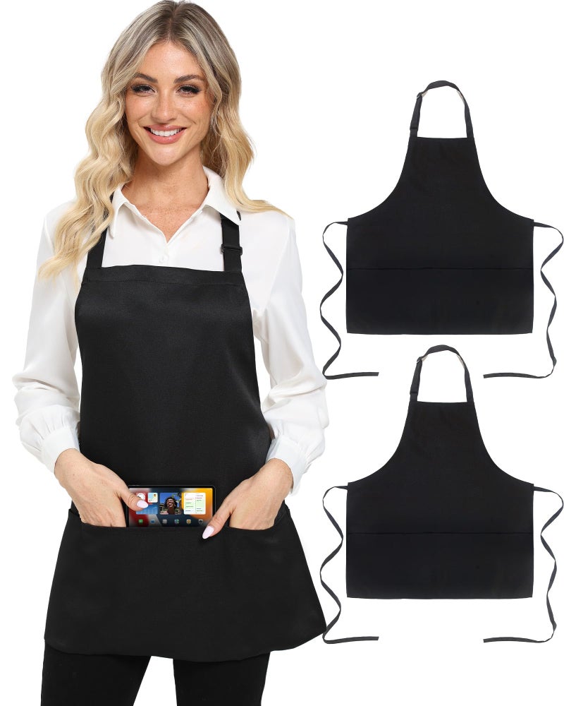Xeoxarel 2 Pack Adjustable Bib Apron with 3 Pockets Cooking Kitchen Aprons for Women Men Chef, Waterdrop Black - Image 1
