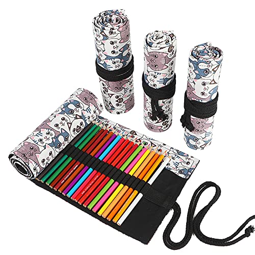 DIYOMR 24/36/72 Slots Pencil Wrap Pencil Rolls, Artist Colored Pencils Roll Up Bag Short Brushes Pouch Case Pencils Organizer for Drawing Coloring and Sketching (Big Headed Cat, 36slots) - Image 1