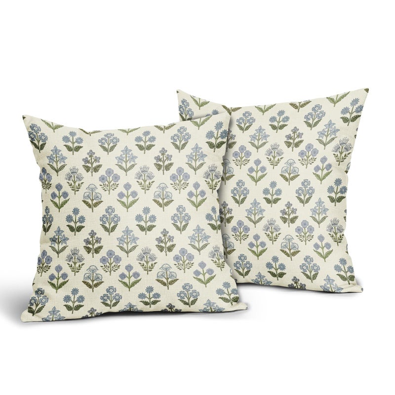 Sivirary Blue Green Block Print Pillow Covers 22x22 Inch Set of 2, Vintage Floral Spring Decorative Throw Pillow Cases Boho Cushion Covers Rustic Decoration Gift Farmhouse Sofa Couch Bed Decor - Image 2