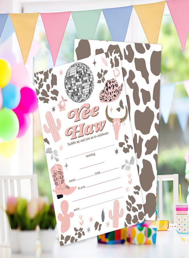 AEHIE 20 Sets Cowgirl Yee Haw Birthday Party Invitations With Envelopes, Western Disco Ball Double-sided Printed Birthday Party Invites - Image 3