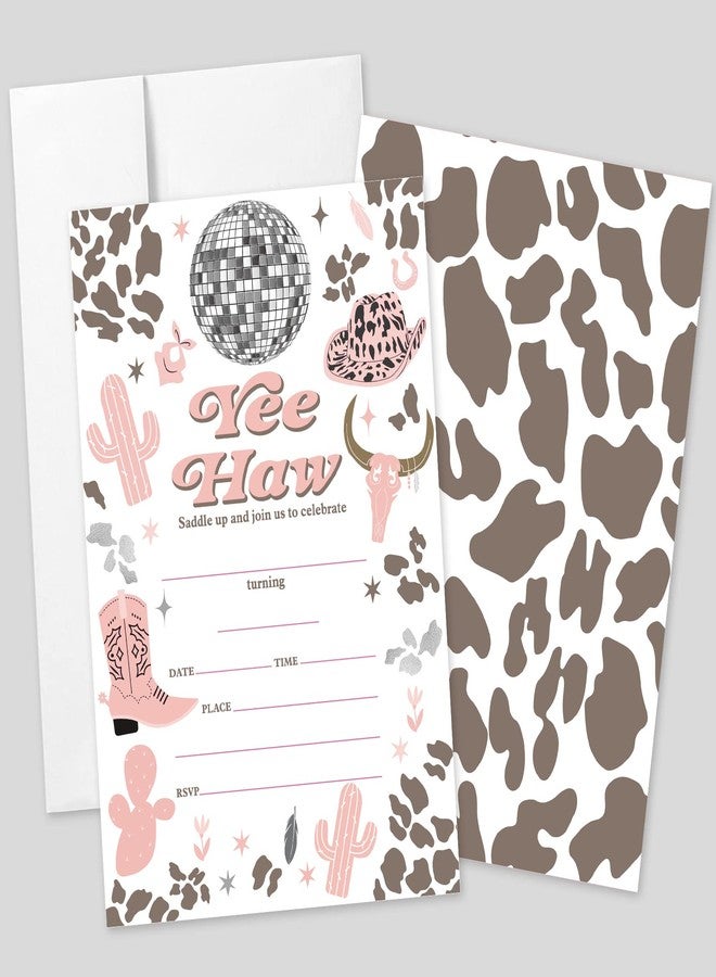 AEHIE 20 Sets Cowgirl Yee Haw Birthday Party Invitations With Envelopes, Western Disco Ball Double-sided Printed Birthday Party Invites - Image 1