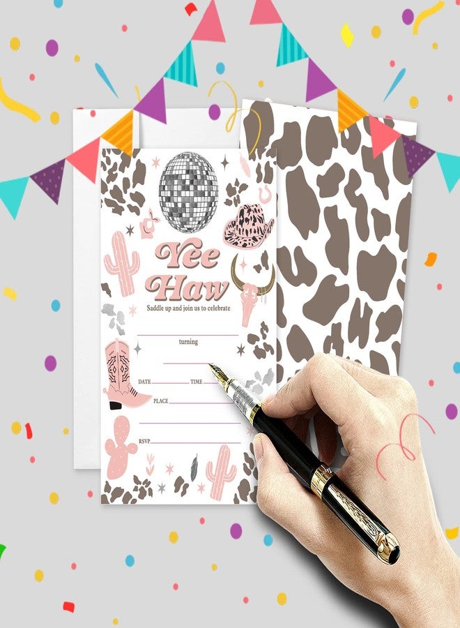 AEHIE 20 Sets Cowgirl Yee Haw Birthday Party Invitations With Envelopes, Western Disco Ball Double-sided Printed Birthday Party Invites - Image 4