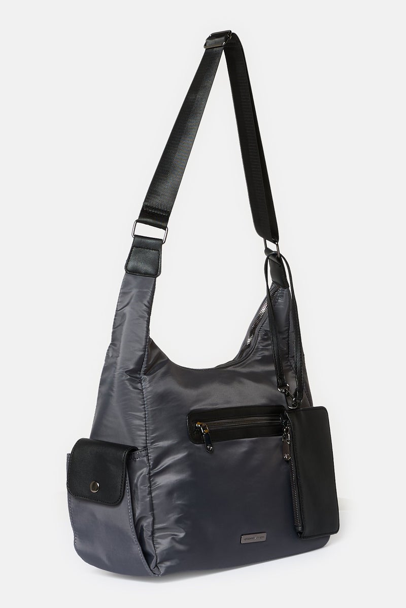 ADRIENNE VITTADINI Women Brand Logo Hobo Bag With Detachable Wallet, Grey - Image 2