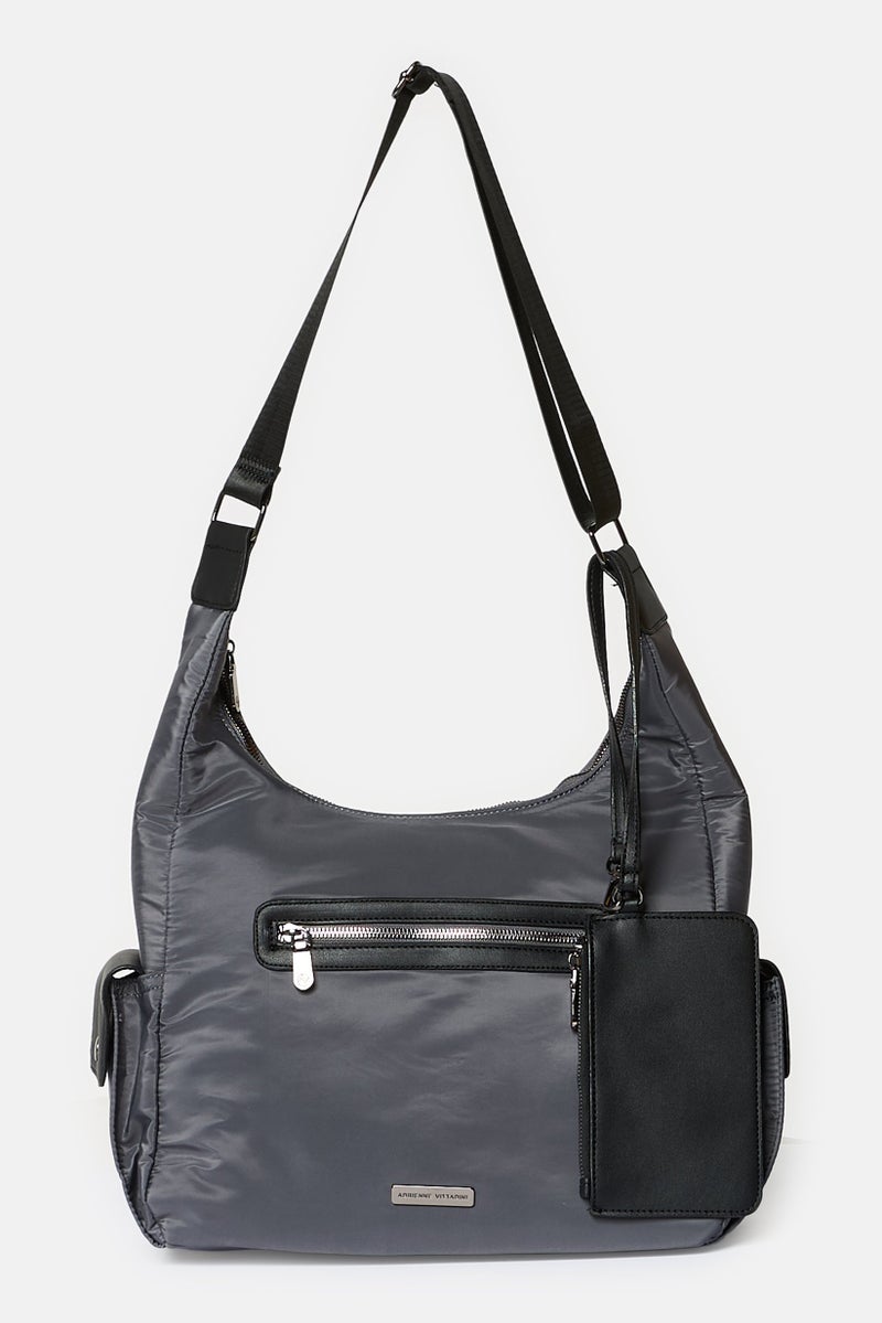 ADRIENNE VITTADINI Women Brand Logo Hobo Bag With Detachable Wallet, Grey - Image 1