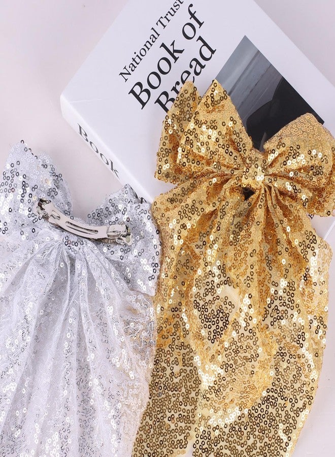 Kunyeah 2Pcs Girls Glitter Bow Hair Clip Women Large Bowknot Hair Tie Girl Bowknot Hairpin Sparkly Bow Hair Barrettes Vintage French Hair Clip Long Lace Style Hair Accessories (Gold/Silver) - Image 5