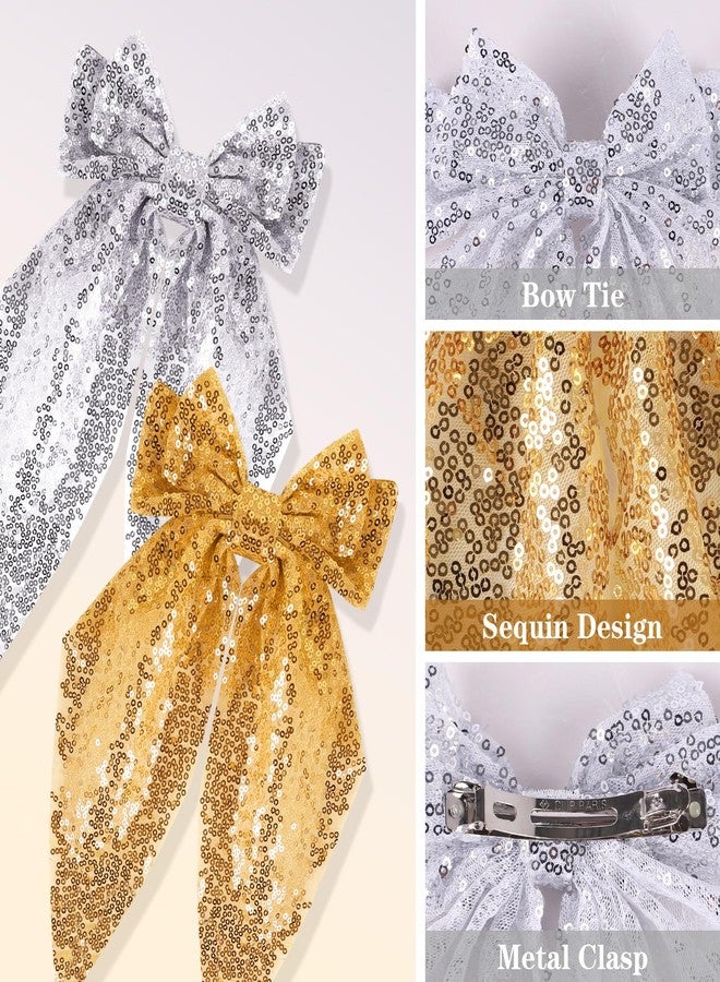 Kunyeah 2Pcs Girls Glitter Bow Hair Clip Women Large Bowknot Hair Tie Girl Bowknot Hairpin Sparkly Bow Hair Barrettes Vintage French Hair Clip Long Lace Style Hair Accessories (Gold/Silver) - Image 2