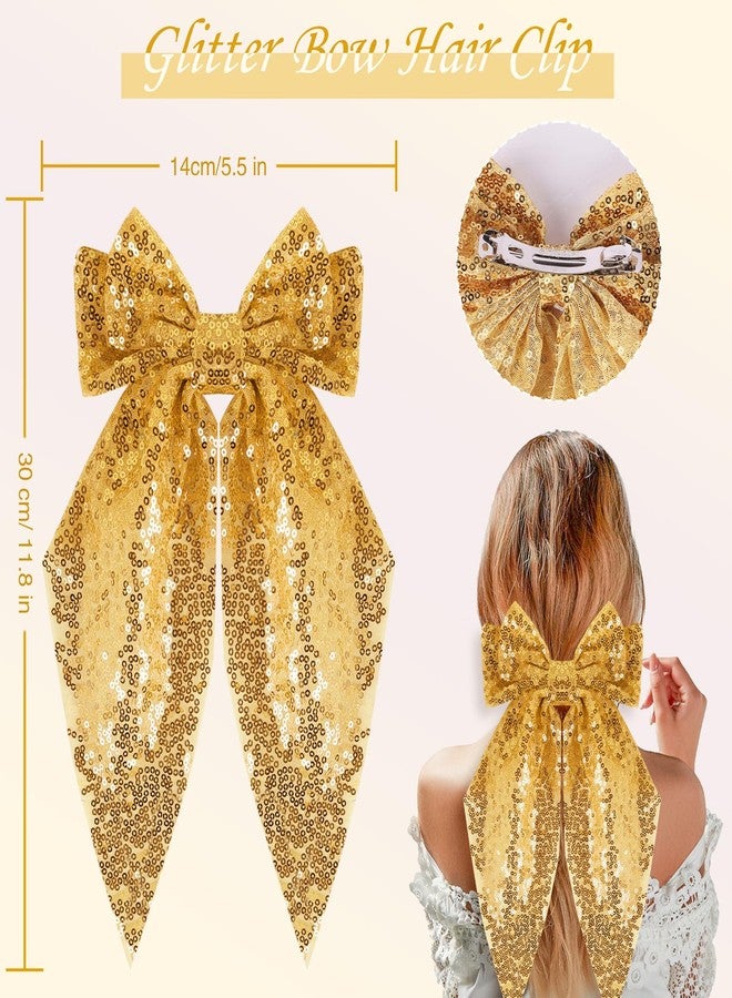 Kunyeah 2Pcs Girls Glitter Bow Hair Clip Women Large Bowknot Hair Tie Girl Bowknot Hairpin Sparkly Bow Hair Barrettes Vintage French Hair Clip Long Lace Style Hair Accessories (Gold/Silver) - Image 3
