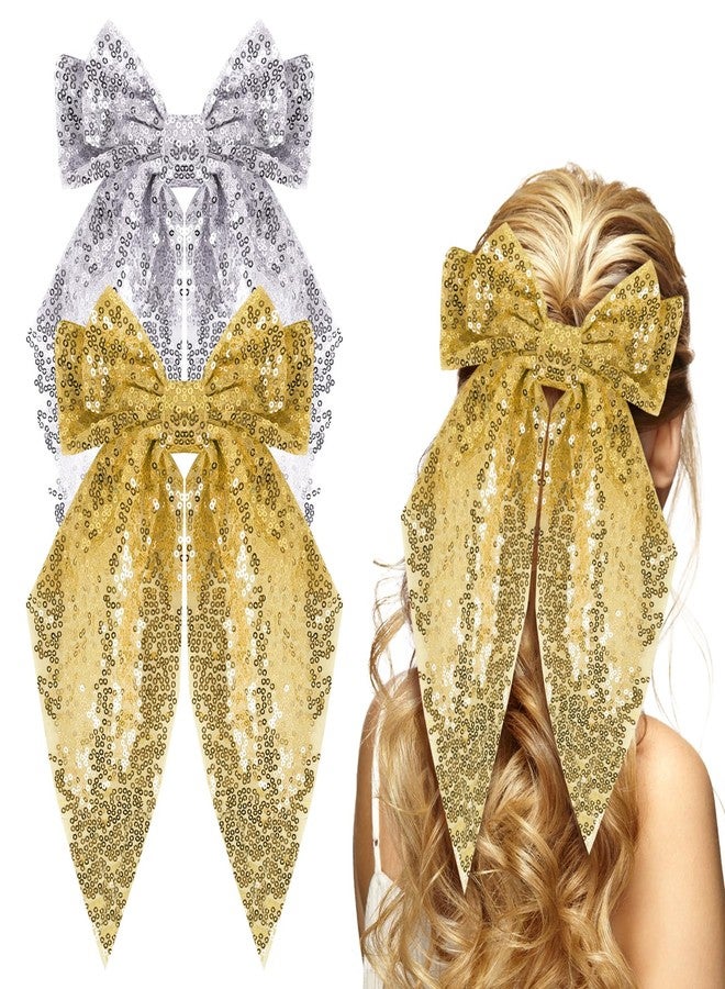 Kunyeah 2Pcs Girls Glitter Bow Hair Clip Women Large Bowknot Hair Tie Girl Bowknot Hairpin Sparkly Bow Hair Barrettes Vintage French Hair Clip Long Lace Style Hair Accessories (Gold/Silver) - Image 1