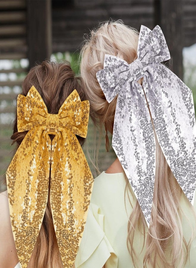 Kunyeah 2Pcs Girls Glitter Bow Hair Clip Women Large Bowknot Hair Tie Girl Bowknot Hairpin Sparkly Bow Hair Barrettes Vintage French Hair Clip Long Lace Style Hair Accessories (Gold/Silver) - Image 4