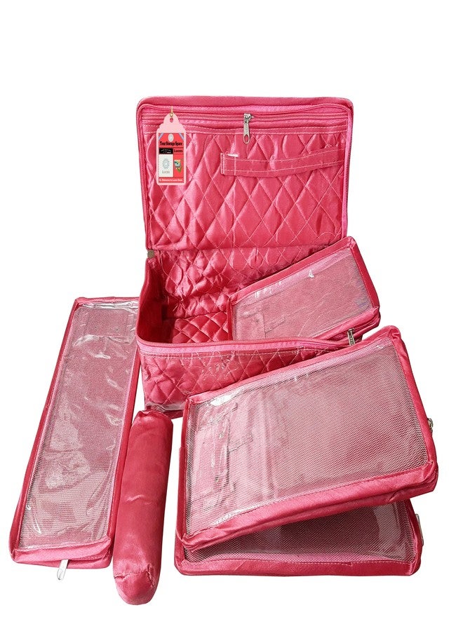 Luces Satin Pink Make-Up Pouch Jewellery Box 4 Pouch 1 roll Bangle in Cosmetic Bag Necklace Earrings Vanity Jewellery Organiser for Women's - Image 1