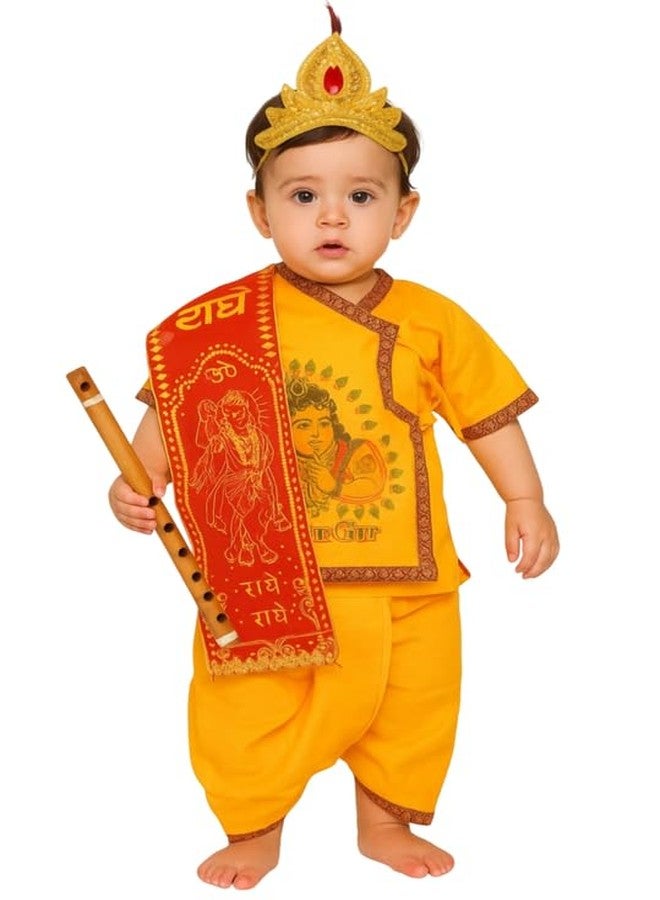 V3E Standard Boys and Girls Dhoti Kurta Krishna Kids Costume Ethnic Wear Dress (Pack of 5 - Kurta, Dhoti, Bansuri, Mor Pankh Mukut, Bandhni Patka)(Yellow, 6-12 months) - Image 4